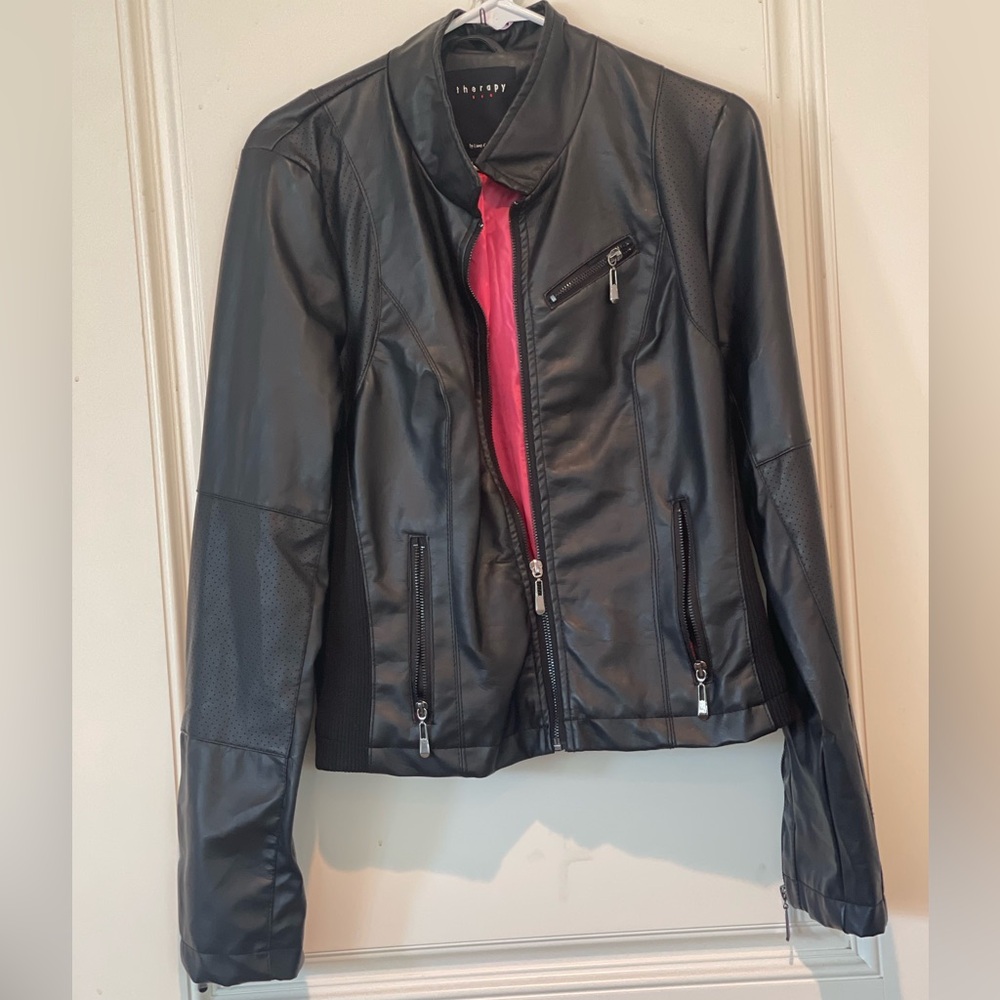 Black Leather Faux  Therapy Jacket with Pink Lining